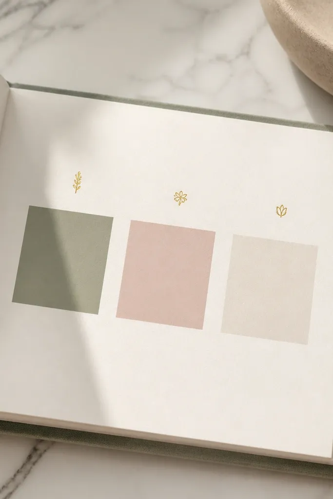 Inside the diary, a signature page shows three color blocks (sage, blush, and ivory) with small gold foil lettering centered above each block.