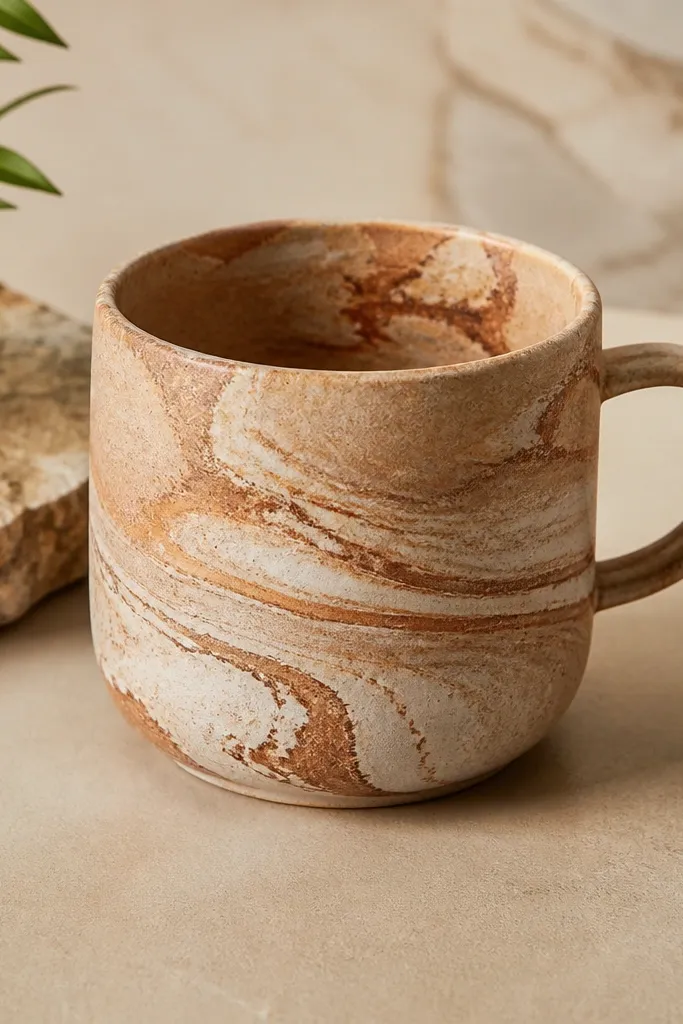 A beige-and-terracotta mug with swirling marbled streaks that look like broken stone, plus a matte clear finish.