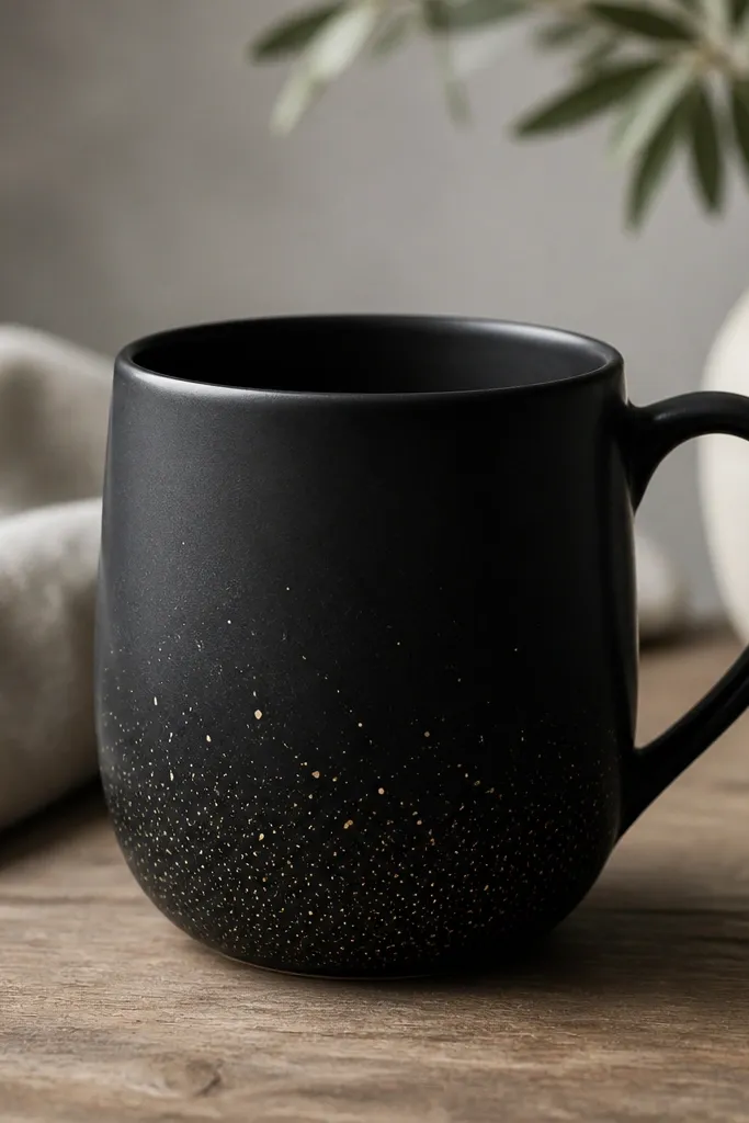 A deep black mug with a velvety finish and scattered tiny gold specks concentrated near the base.