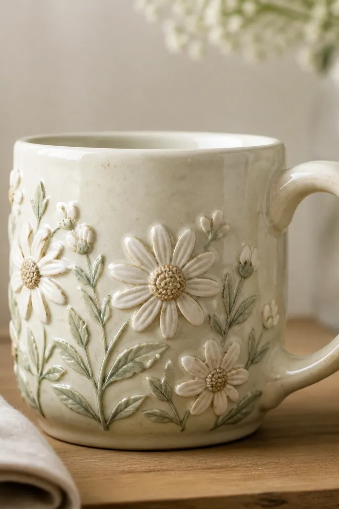 A cream mug with raised 3D daisies and tiny leaves along the side, painted in muted sage and ivory with a soft satin clear coat.