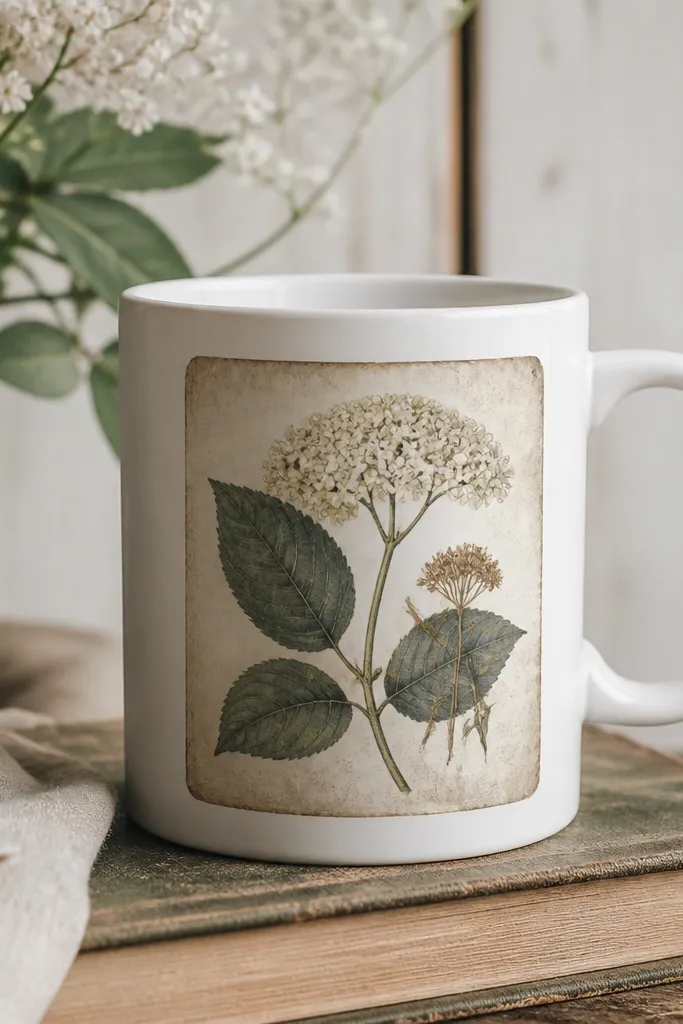 A white mug with a vintage botanical print on the front and a slightly aged, darker wash around the edges of the illustration.