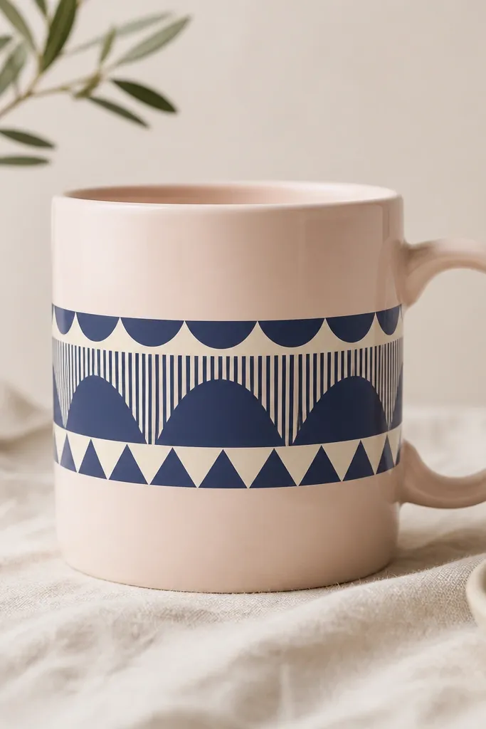 A pale blush mug with crisp navy and cream geometric bands wrapping neatly around the middle like a design label.