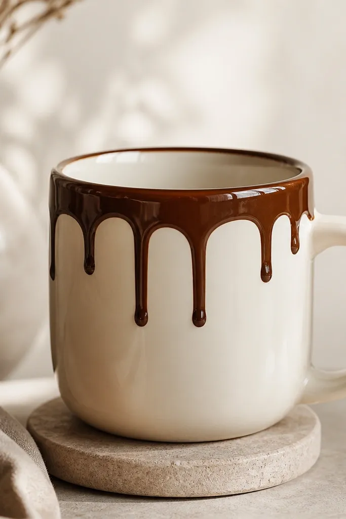 A glossy cream mug with a rich chocolate-brown drip effect flowing down from the rim like melted glaze.