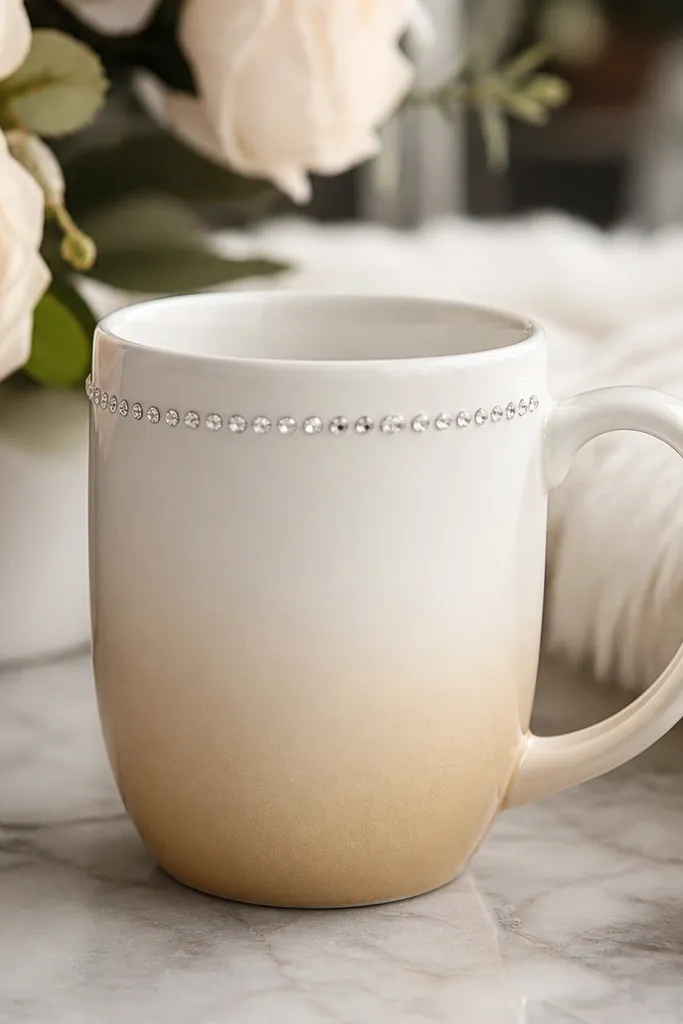 A mug fading from white at the handle to soft champagne at the base, with one small row of tiny rhinestones near the top.