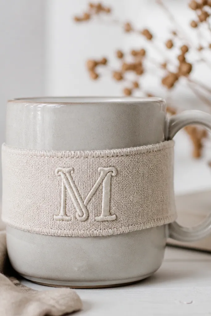 A mug wrapped with a small fabric strip like a vintage label, with a stitched-looking monogram and a clean sealed edge.