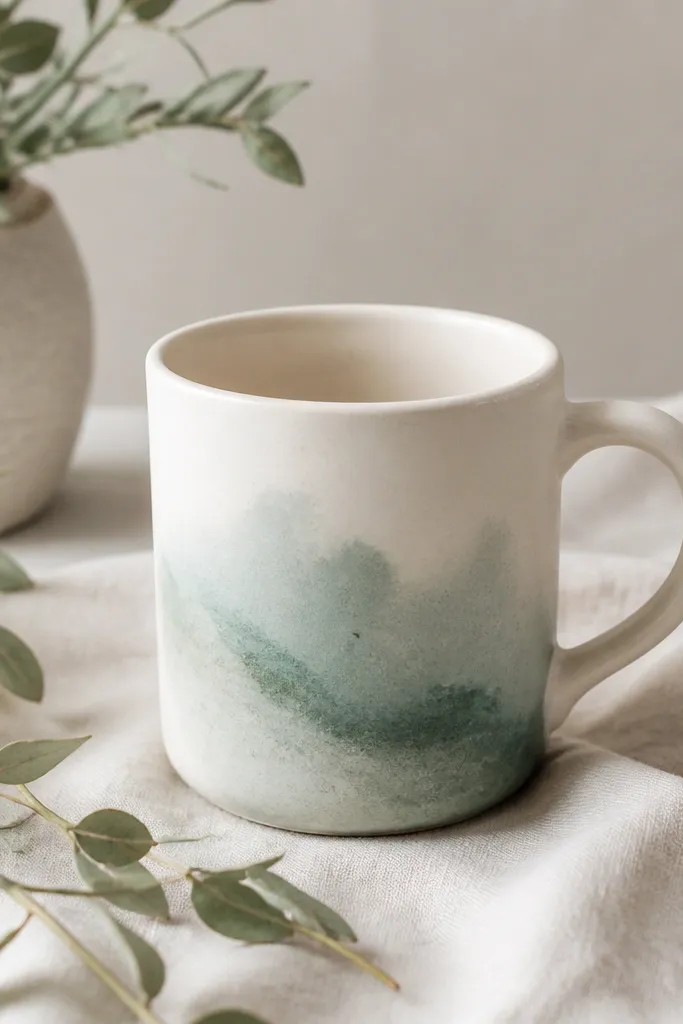 A light ceramic mug with soft, watercolor-like lettering that fades at the edges, sealed with a matte finish.