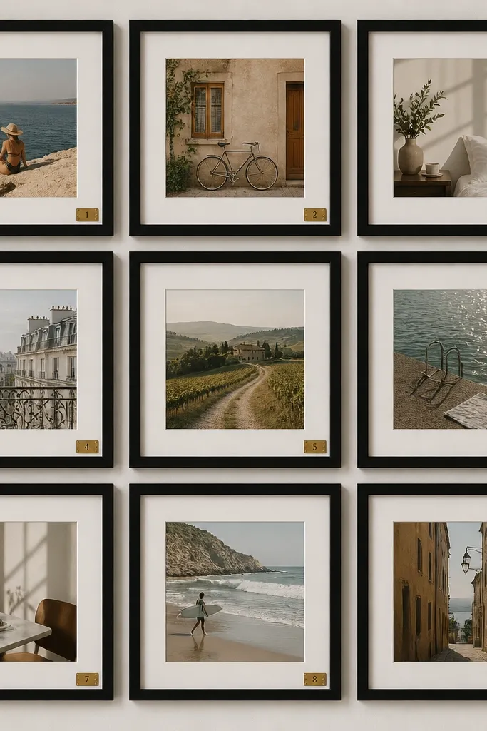 A grid of identical black frames arranged like a gallery wall, with each frame containing a single lifestyle photo and a small gold number tag in the corner.