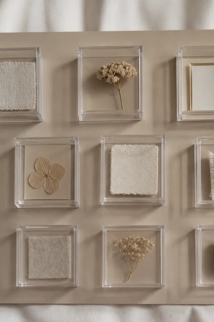 Clear acrylic mini shadow boxes on a warm taupe board, each holding a small physical item like a fabric swatch, a dried flower, and a tiny gold-rimmed card.