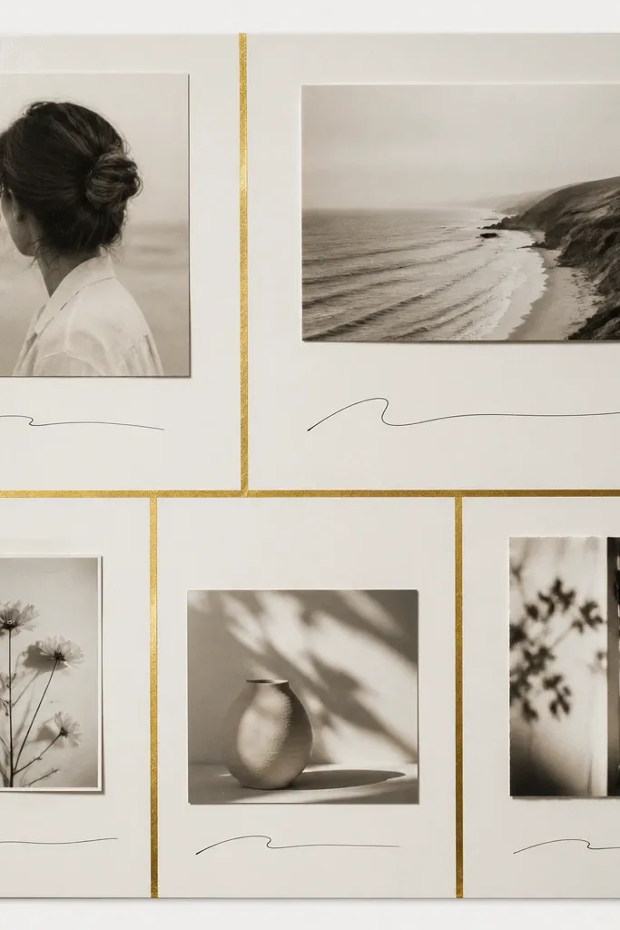 A cream board with crisp gold leaf tape lines dividing sections, each section containing monochrome photos and a single line of calligraphy text.