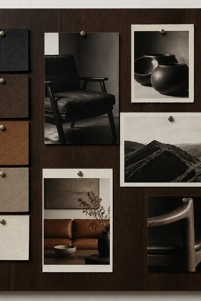 A dark walnut-stained board with a strip of small leather swatches on the left, and black-and-brown photos on the right with minimal off-white labels.