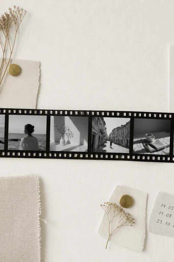 A horizontal film strip running across the board with black-and-white lifestyle photos, each photo in a small film frame pocket, plus a few handwritten dates.