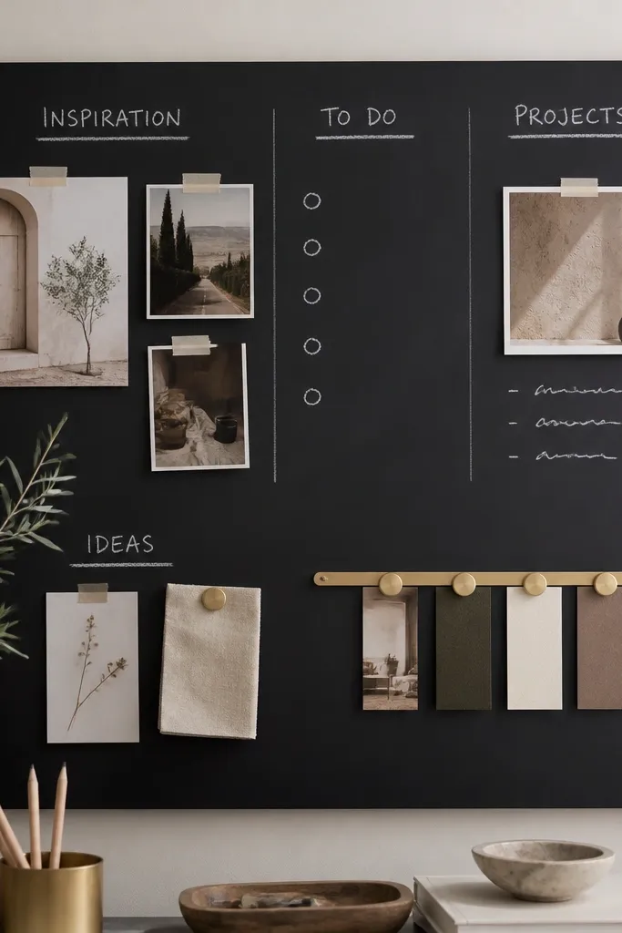 A matte black chalkboard painted board with white chalk text categories, a few printed photos taped neatly, and a small gold magnet line holding cards.
