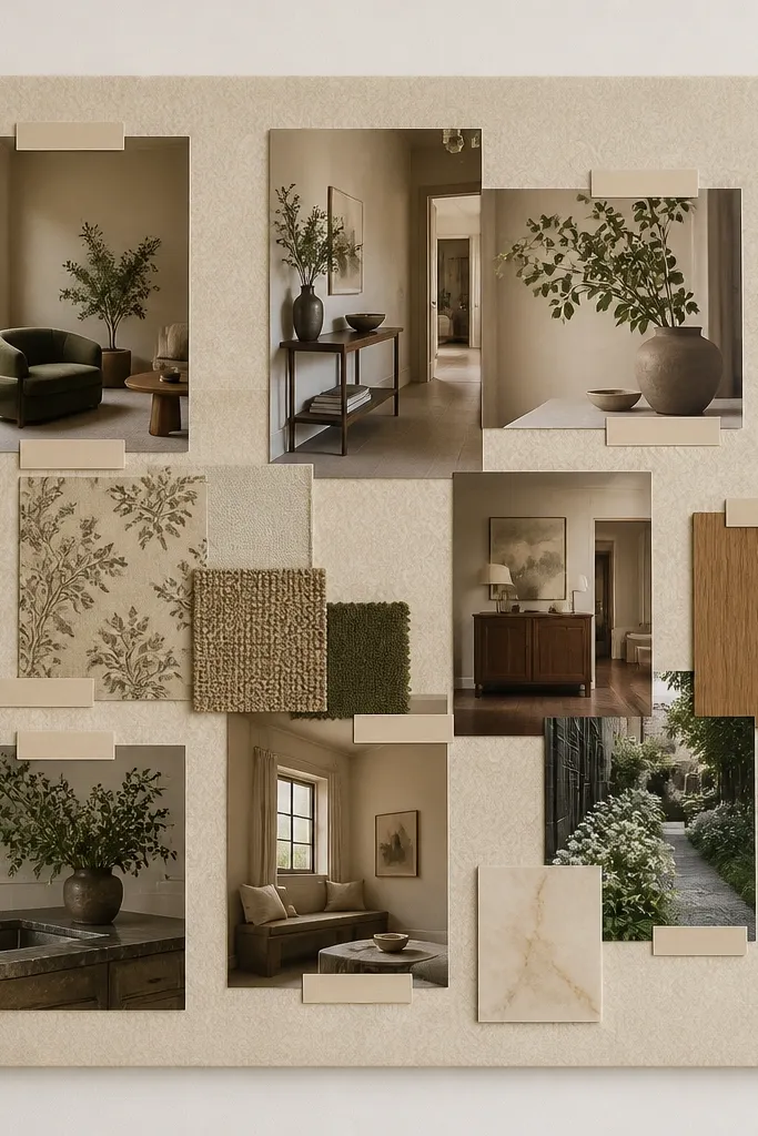 A board covered in a subtle textured wallpaper pattern, with cutout photos layered on top and thin beige label tags; edges are trimmed neatly.