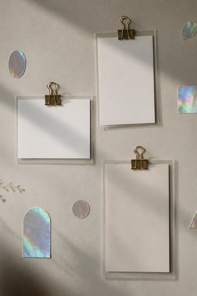 A neutral beige board with small iridescent holo stickers used as accents, and clear label cards attached with tiny binder clips.