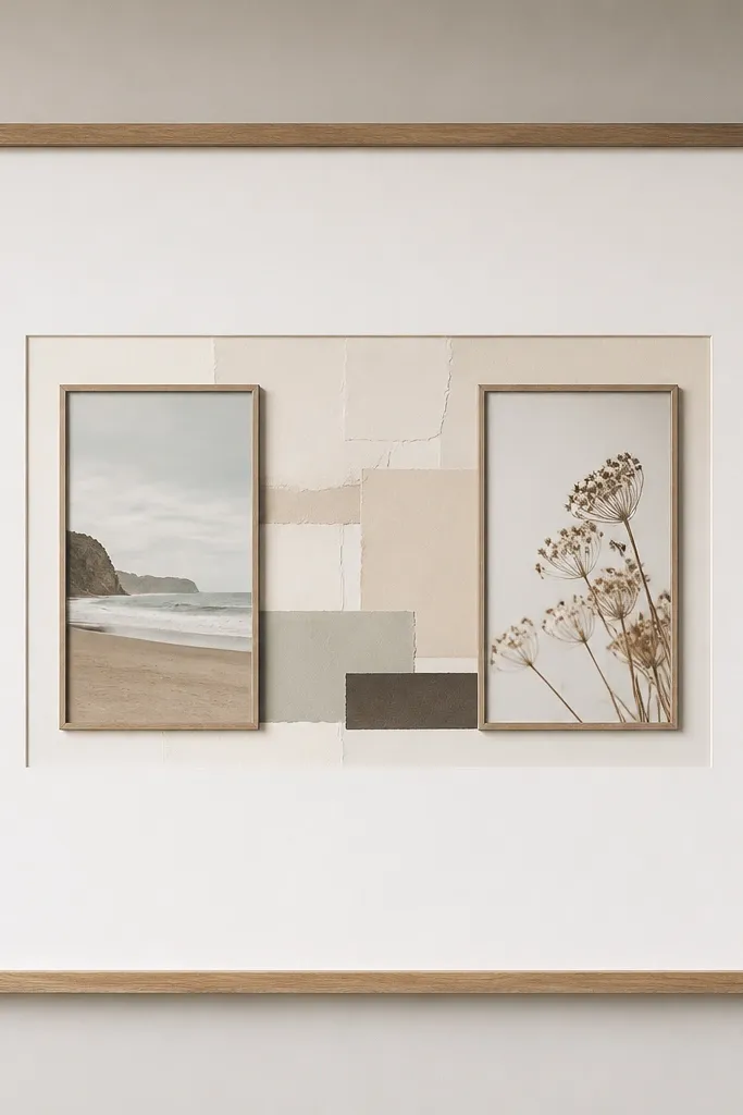 A large board with an oversized white mat border around a collage center, with two smaller frames inside holding photos and text.
