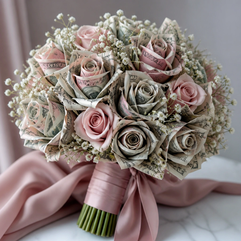 Blush pink rose-like blooms made from folded money petals surround a central bouquet. The stems are wrapped in dusty-rose satin, with tiny white filler flowers.
