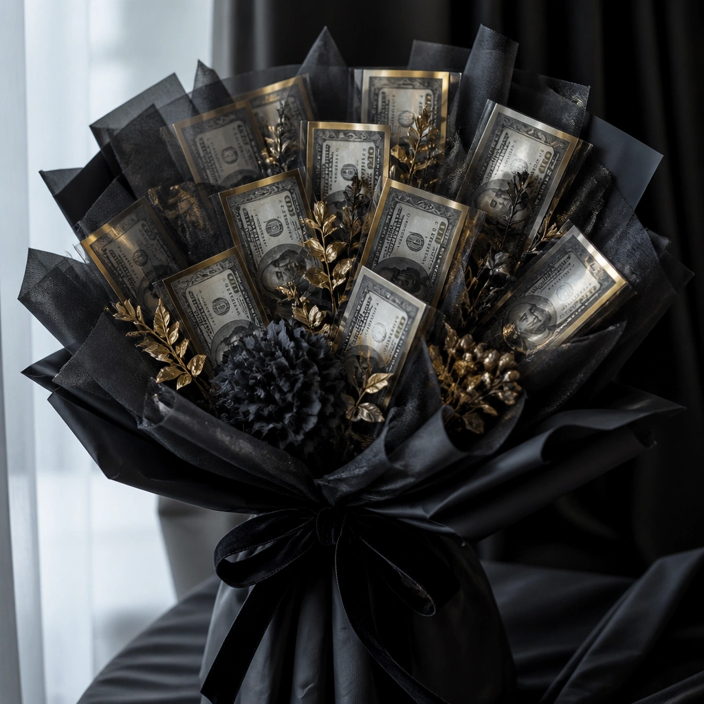 A dark, moody bouquet with black velvet ribbon wrap and gold foil accents. Each bill is mounted on a small gold-foil card behind a sheer black mesh layer.