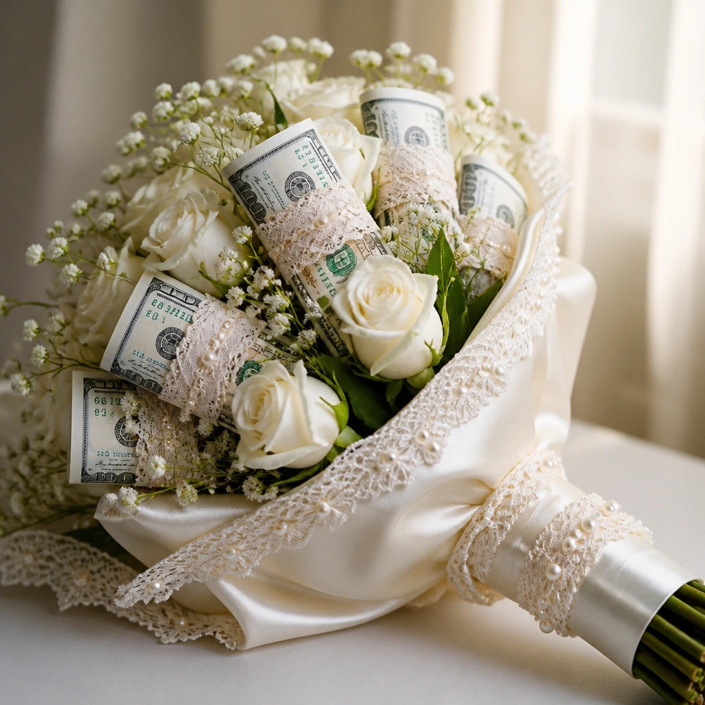 Cream lace fabric wraps around several folded bills like belly bands. The bouquet is wrapped in ivory satin with delicate lace edging and pearl-like beads.
