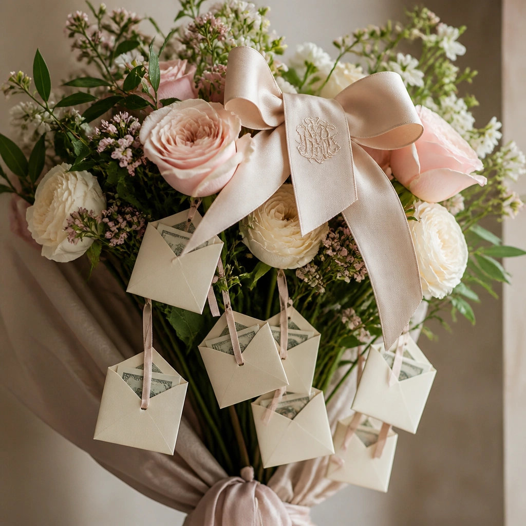A bouquet topped with a monogram ribbon bow. Several small cream mini envelopes are tied to stems, each holding a folded bill card.