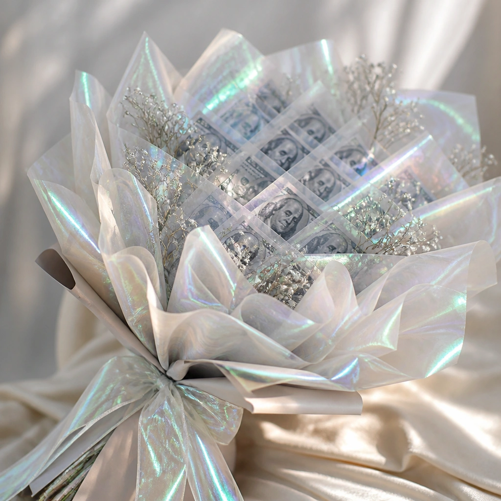 A bouquet covered with iridescent organza layers that catch light. Bills are arranged in a lattice pattern beneath the sheer fabric, with silver mini flowers.