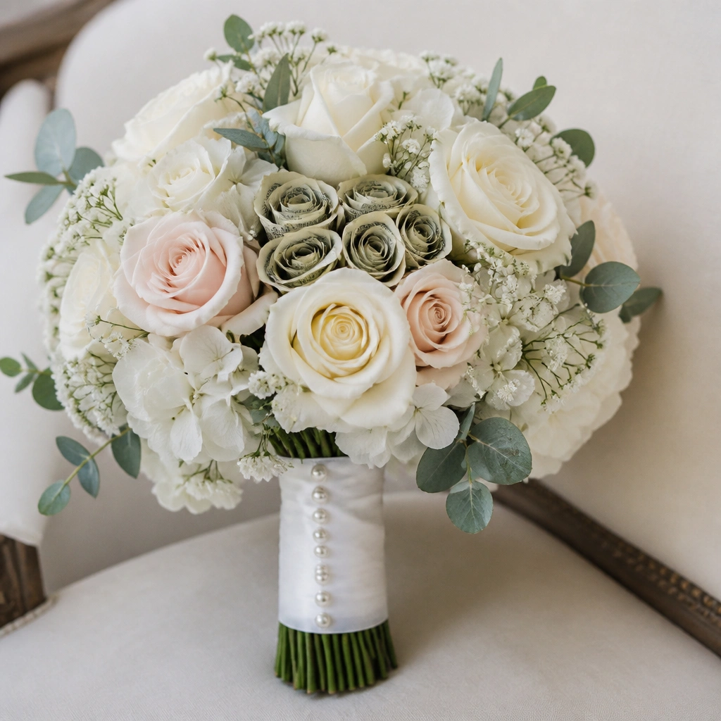 Stems wrapped in white satin with evenly spaced pearl studs. Bills are folded into small rosettes and tucked into the bouquet’s center.