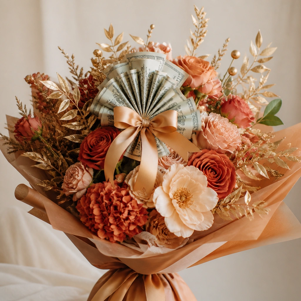 A warm terracotta bouquet with gold leaf accents. Money is used as a central topper with a bow and a few gold-painted stems.