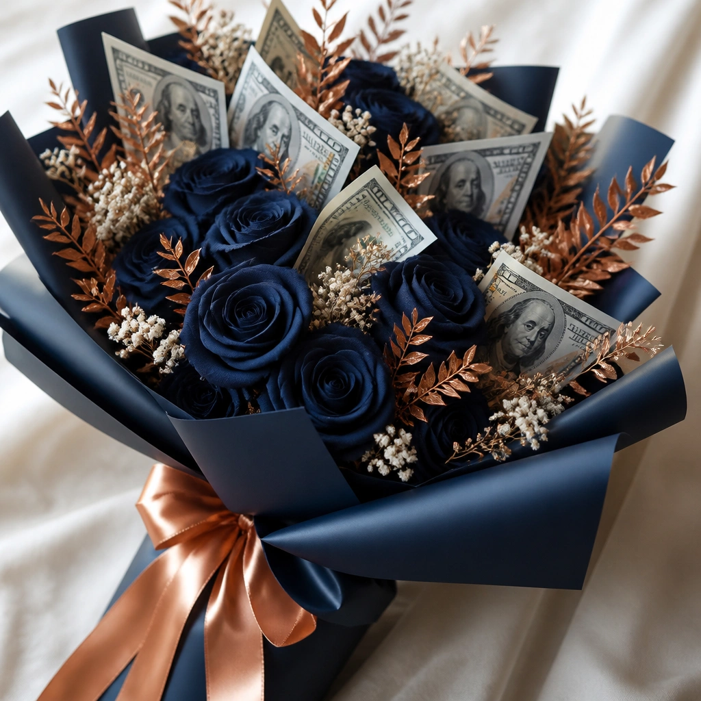 A deep navy bouquet with copper-toned ribbon. Several bills are fanned outward like small screens, with copper leaves and cream filler flowers.