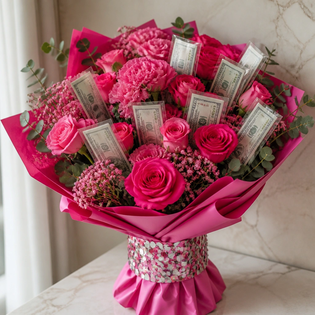 A vibrant hot pink bouquet with a metallic confetti ribbon band near the base. Bills are placed in clear mini sleeves tied to stems.