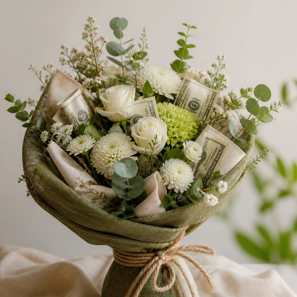 A natural luxury bouquet wrapped in jute twine and olive fabric. Bills are folded into simple rectangles and tucked under cream linen accents.