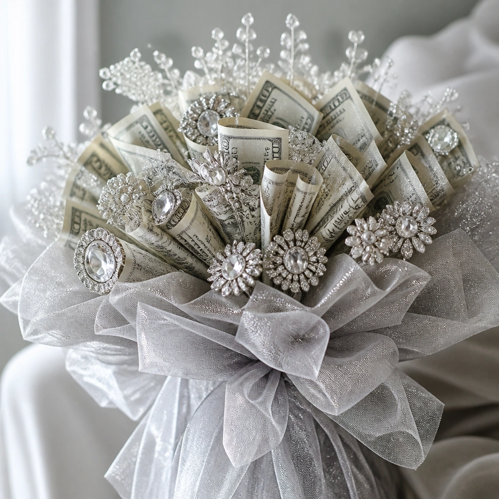 A silver-toned bouquet with a large tulle bow. Gem-like pins and small crystal picks sparkle around folded money bundles.