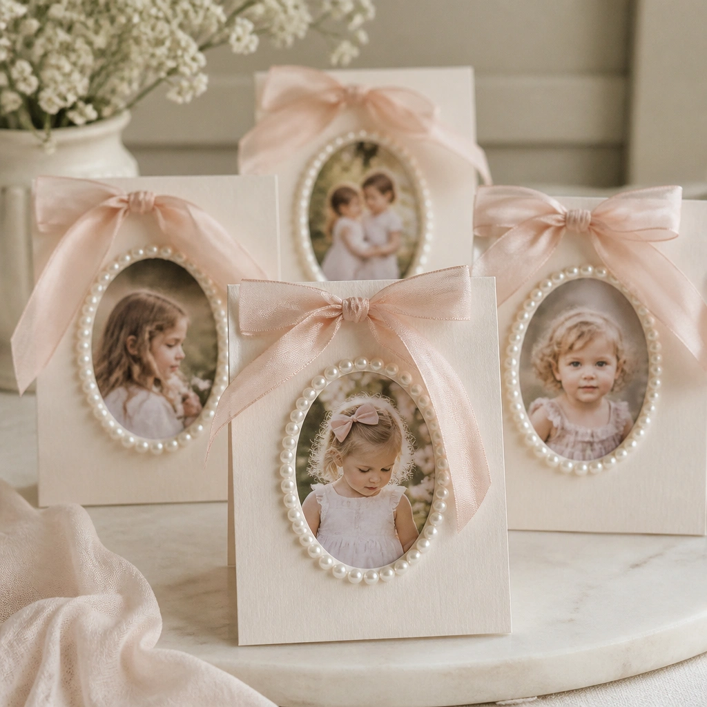 A set of greeting cards sized like mini frames. Each card has a window cutout with a printed photo inside, surrounded by small white pearl-like beads on a ring border. A soft blush ribbon bow ties at the top.