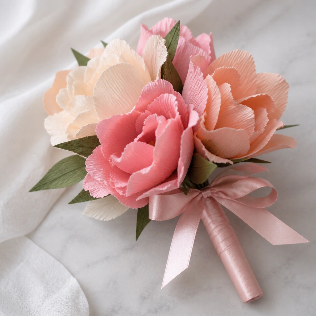 A small bouquet made from layered crepe paper strips in pink, peach, and cream. Each “petal” is curled with scissors for dimension. The stems are wrapped in satin ribbon and tied with a neat bow.