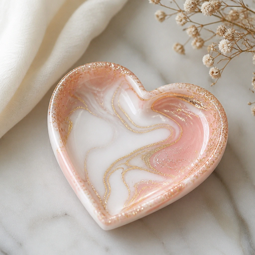 A small heart-shaped tray painted with marbled swirls in white, blush pink, and light gold. The surface has a glossy finish. Tiny glitter flecks are concentrated near the edges.