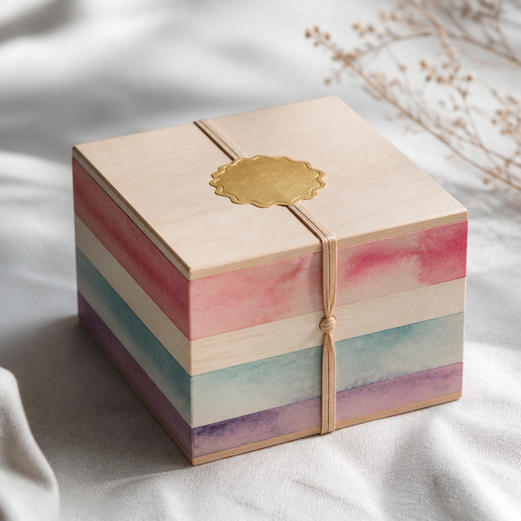 A small wooden box wrapped with watercolor-style washi tape bands. Each band has soft gradients. The lid has a gold label sticker and a thin ribbon closure.