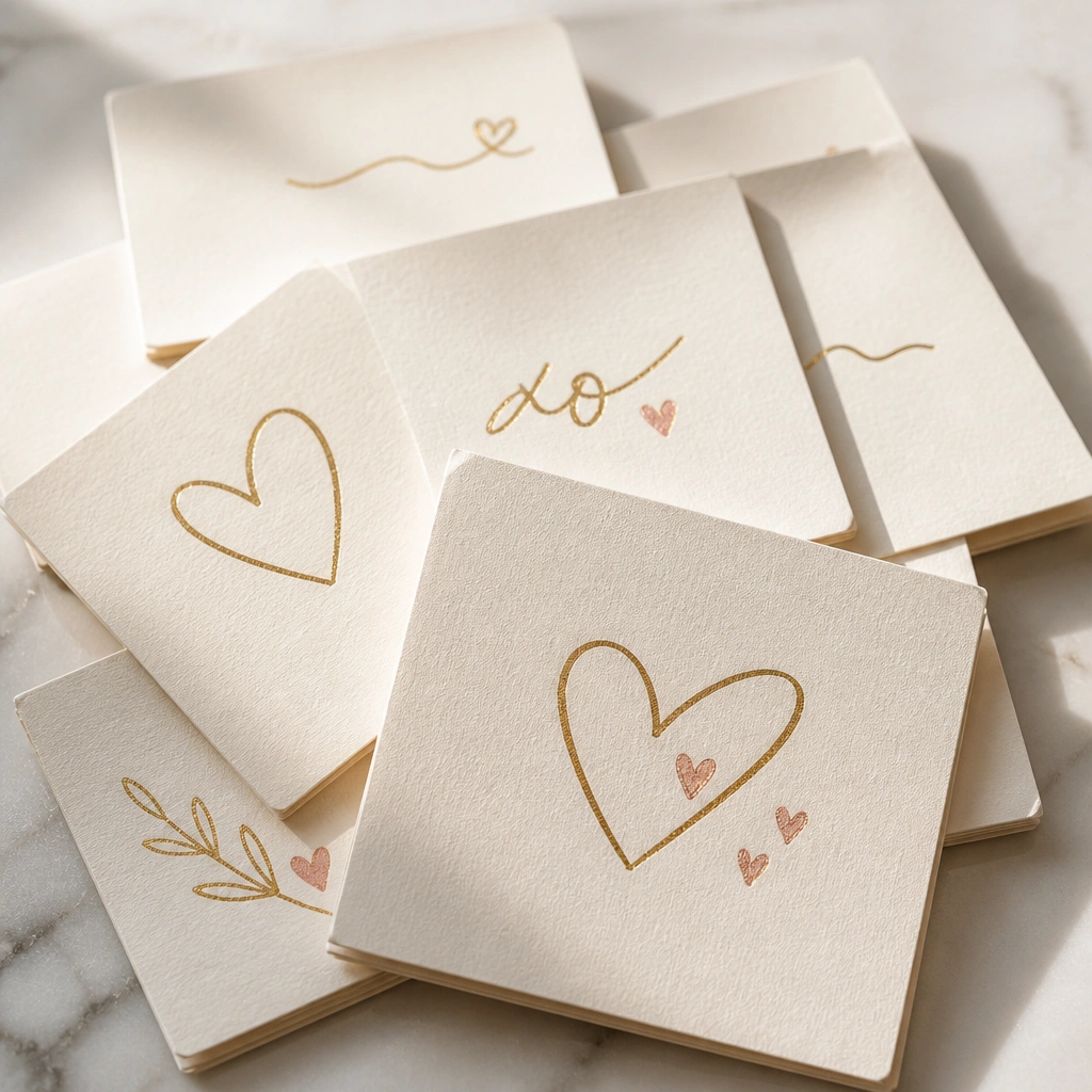 A stack of textured cardstock notes in warm ivory. Each note has a hand-lettered message in gold ink. Some notes include tiny heart doodles in rose gold.