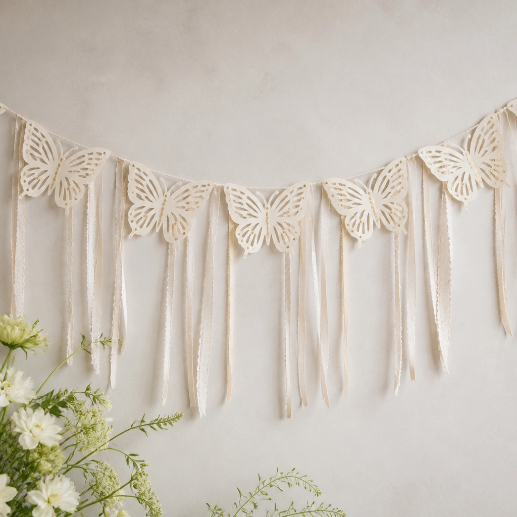 A banner made from cream cardstock with butterfly cutouts. The butterflies look lacey and delicate. Each wing has a tiny gold dot accent. Thin ribbons hang from the top like tassels.