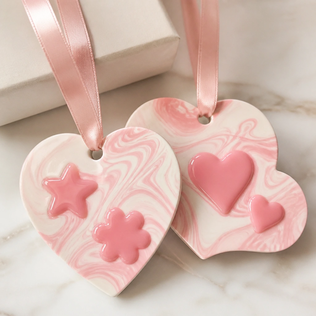 Gift tags shaped like hearts. The hearts have marbled swirls in soft pink and white. Inside, bubble letters are filled with glossy paint. A hole-punched top holds a satin ribbon.