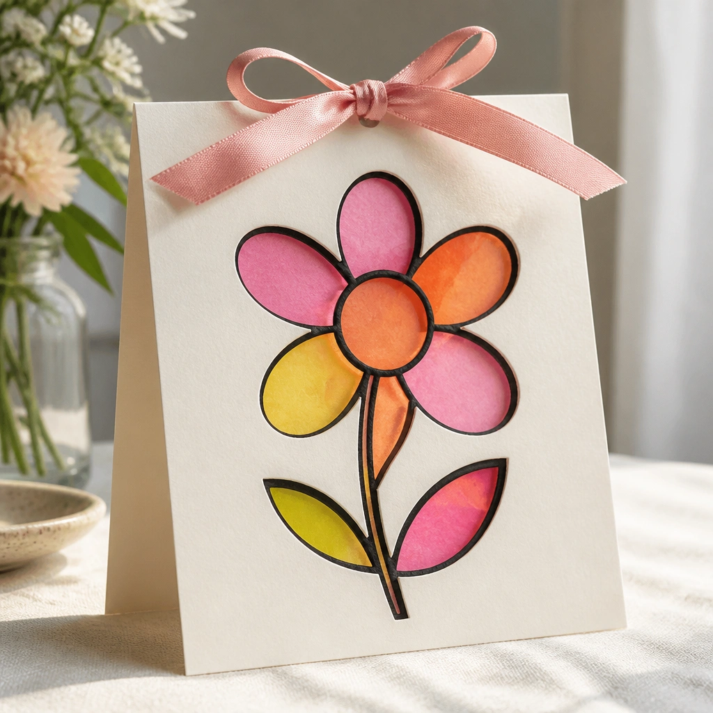 A card with a cut-out flower window. Behind the window are translucent sheets in pink, orange, and yellow arranged like stained glass. The edges are outlined with black marker. A ribbon is tied at the top.