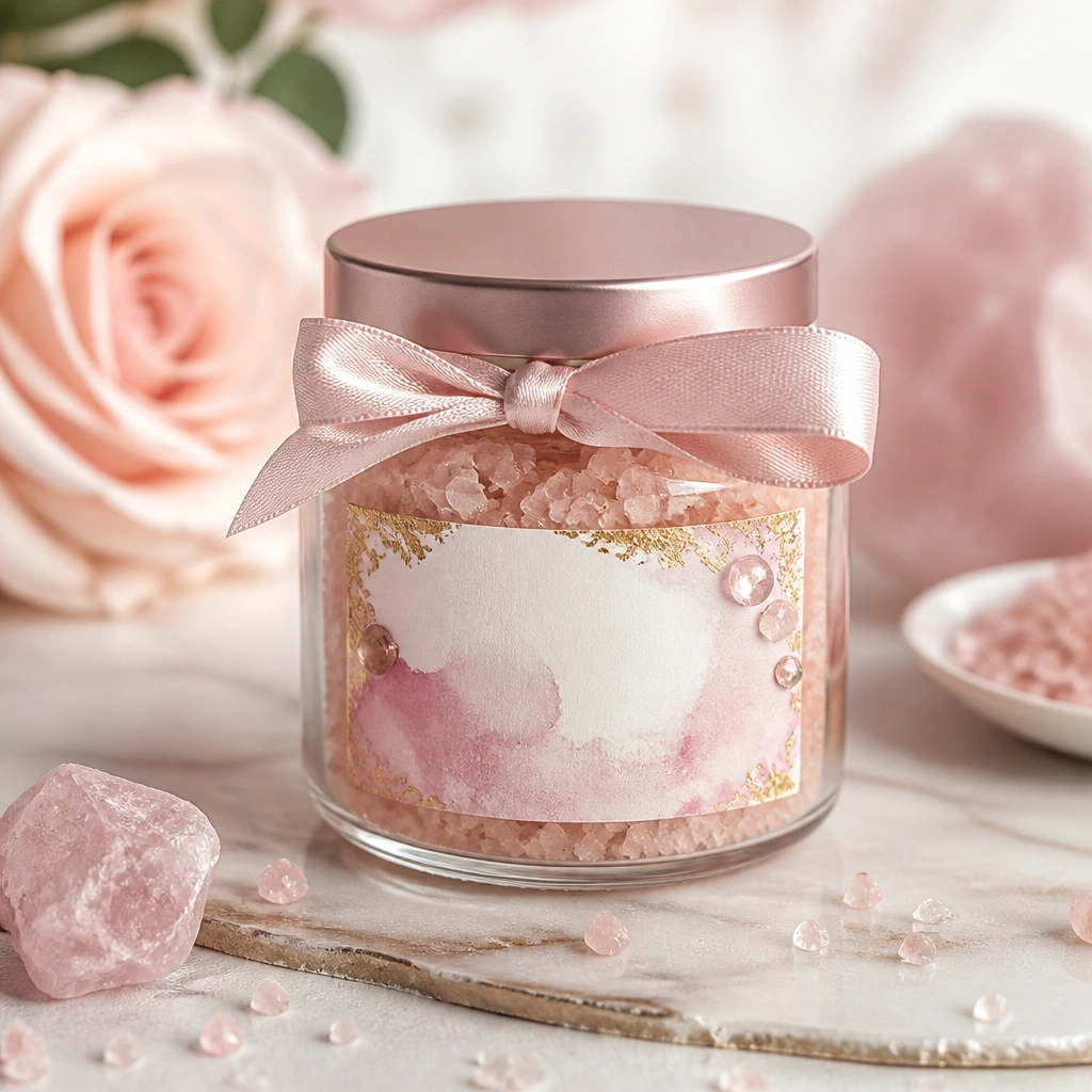 A small glass jar with pink bath salts. The jar has a custom label with a “rose quartz” style design: pale pink watercolor, gold corner accents, and tiny gem stickers. A satin ribbon wraps the lid.