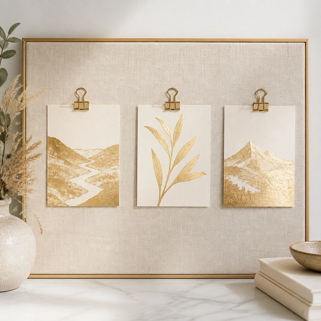 A light cream linen board with three gold foil scripture cards clipped in place using mini gold binder clips; the clips match the board’s thin gold trim.