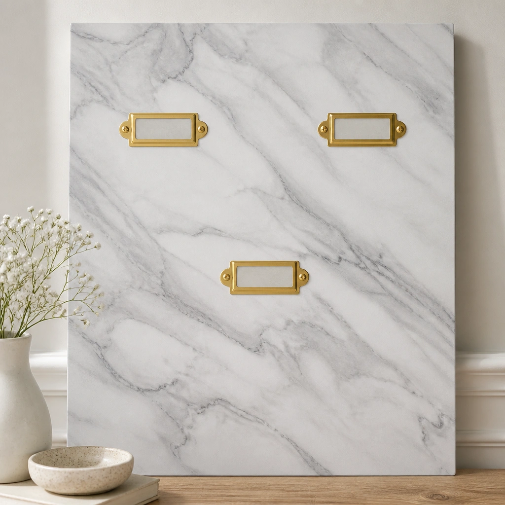 A board painted in white and soft gray marble swirls, with small gilded label tabs (gold painted tabs) reading “Prayer,” “Gratitude,” and “Scripture.”
