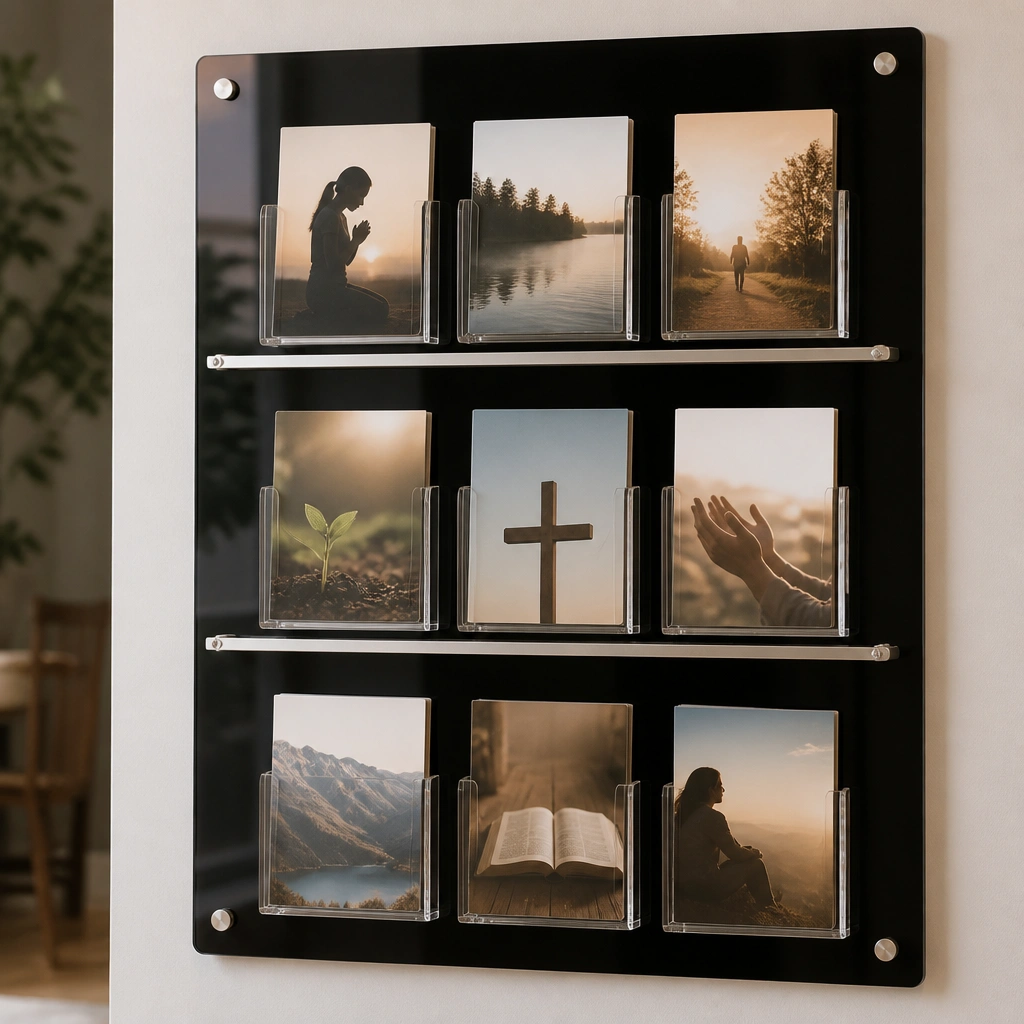 A glossy black board with three rows of clear acrylic pockets holding prayer prompts; each pocket aligns with thin silver dividers.