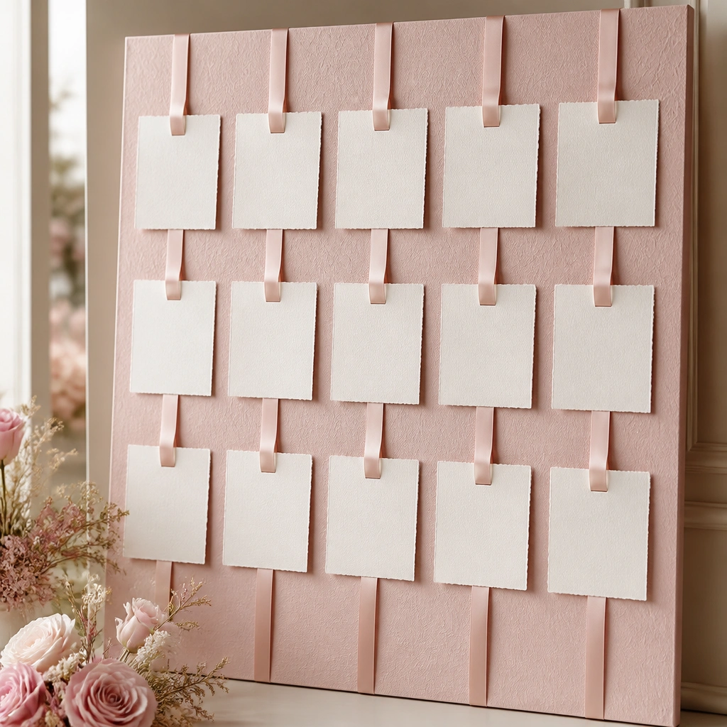 A blush pink board with textured blotter paper and small satin ribbon loops holding note cards; the ribbons hang in neat vertical lines.