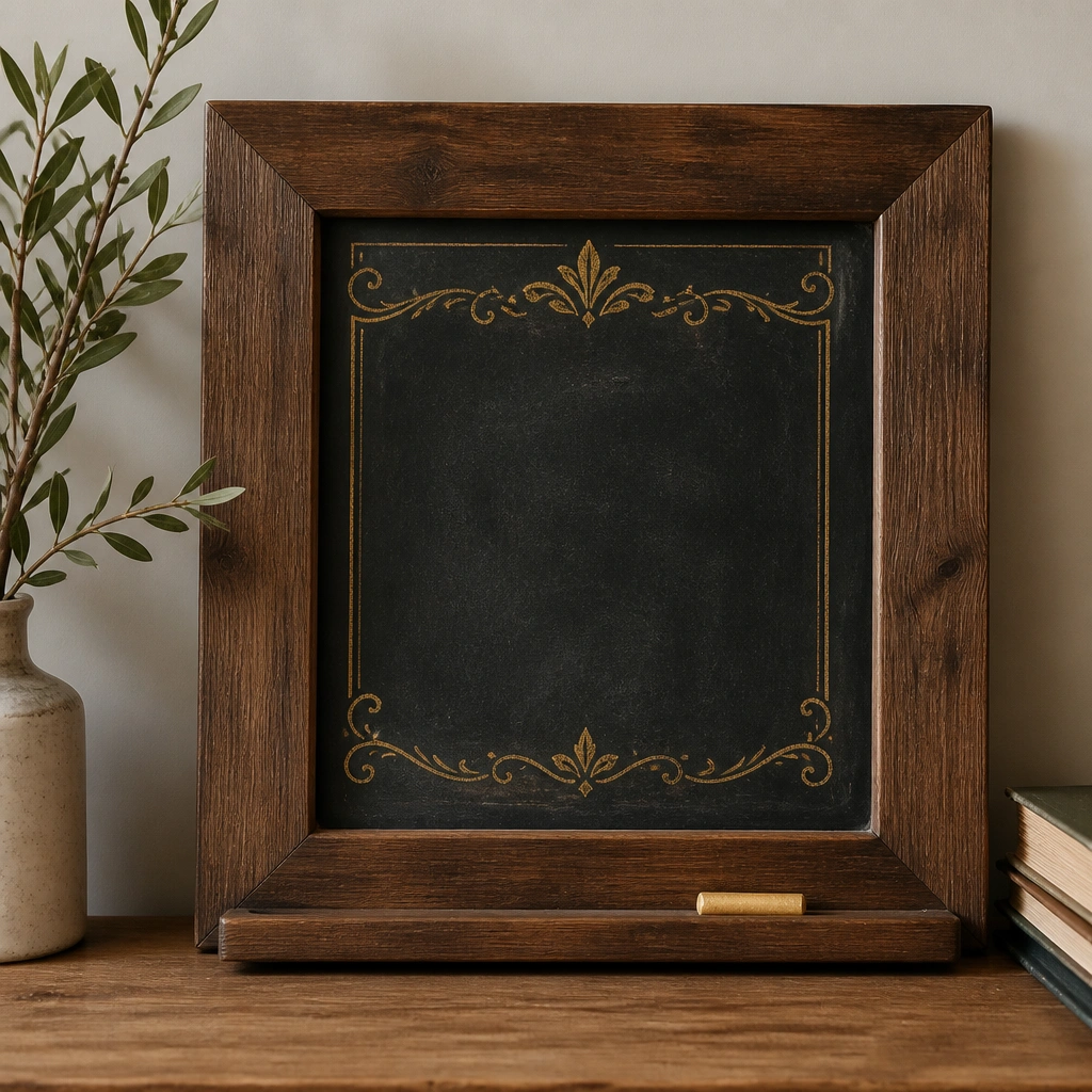 A walnut-stained wooden frame surrounding a small chalkboard center; the board has gold chalk lettering and a tray at the bottom edge.