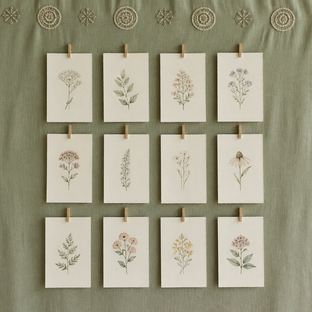 A sage green fabric panel with small embroidered round medallions stitched near the top, and a neat grid of paper prayer cards held by tiny clips.