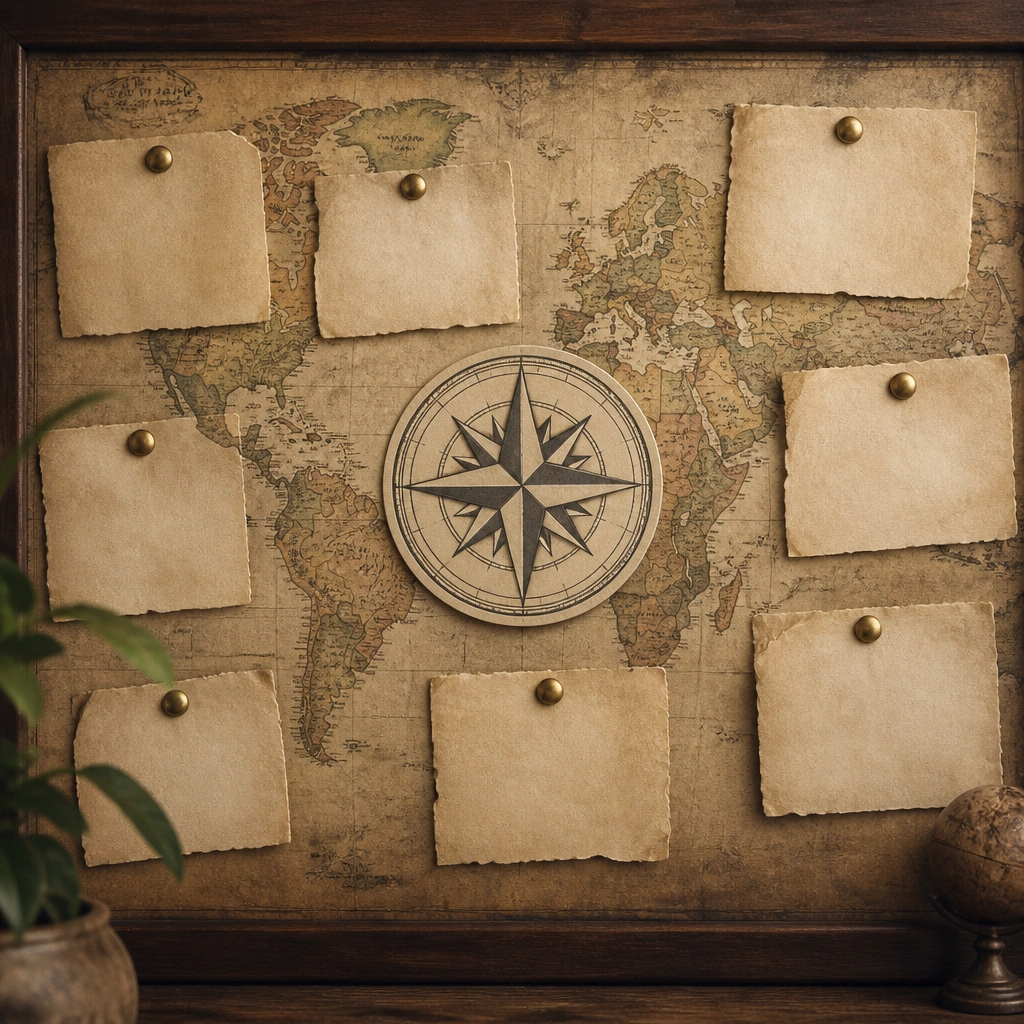 A prayer board with an antique world map background, a large compass emblem sticker in the center, and parchment-colored cards around it with brass push pins.