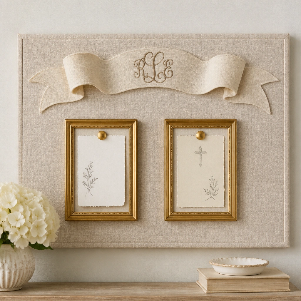 A board with a ribbon banner across the top spelling a monogram, plus two small photo frames holding prayer notes; the frames are gold and evenly spaced.
