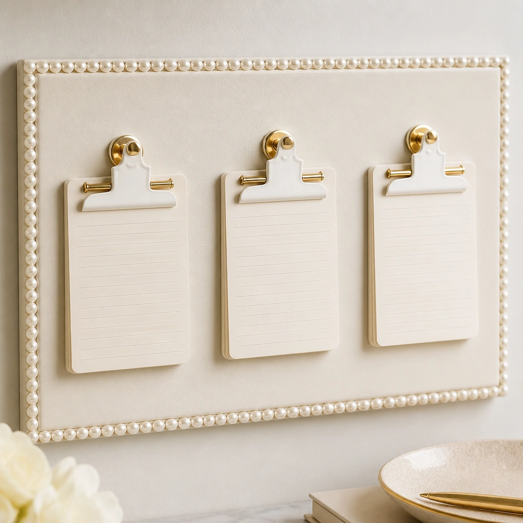 A cream board with a pearl-like trim along the edges and three tiny clipboard-style holders holding index cards; the holders are white with gold accents.