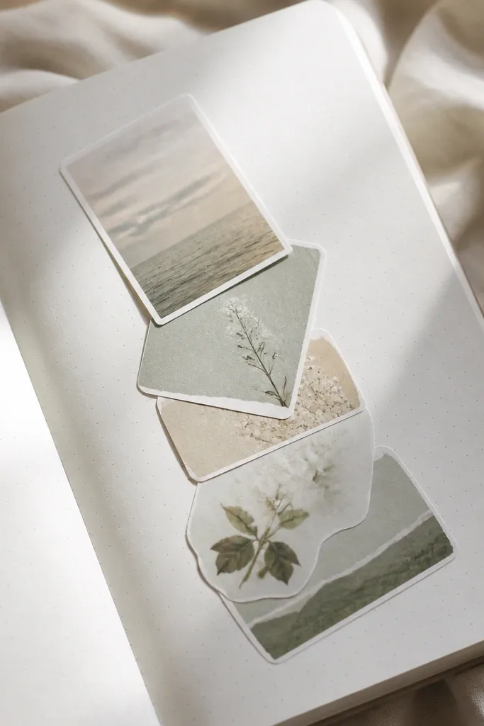 A diary spread with multiple stickers stacked diagonally; the top sticker is slightly tilted and the rest follow the angle, making the layout look unbalanced.
