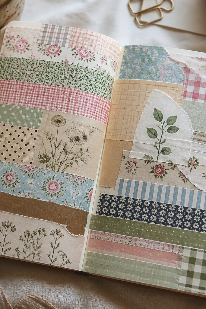 A diary page filled with patterned washi tape behind everything, with text competing against multiple textures and colors.